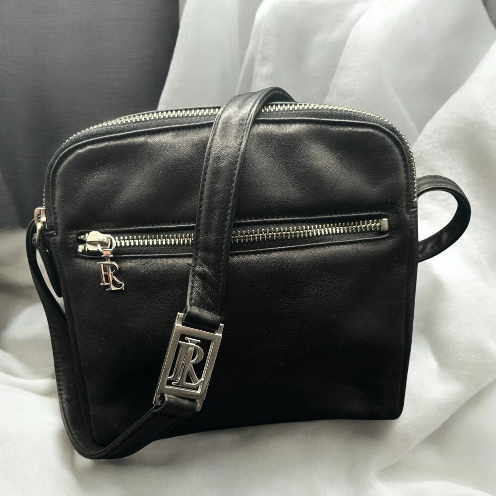 Vintage Ralph Lauren Leather Small Crossbody Bag RL Logo Black 90s Duel Zip Top